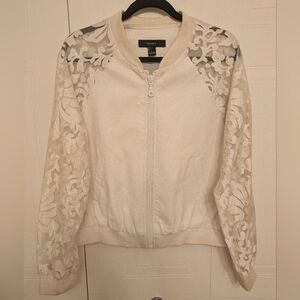 Organza sleeve faux leather bomber